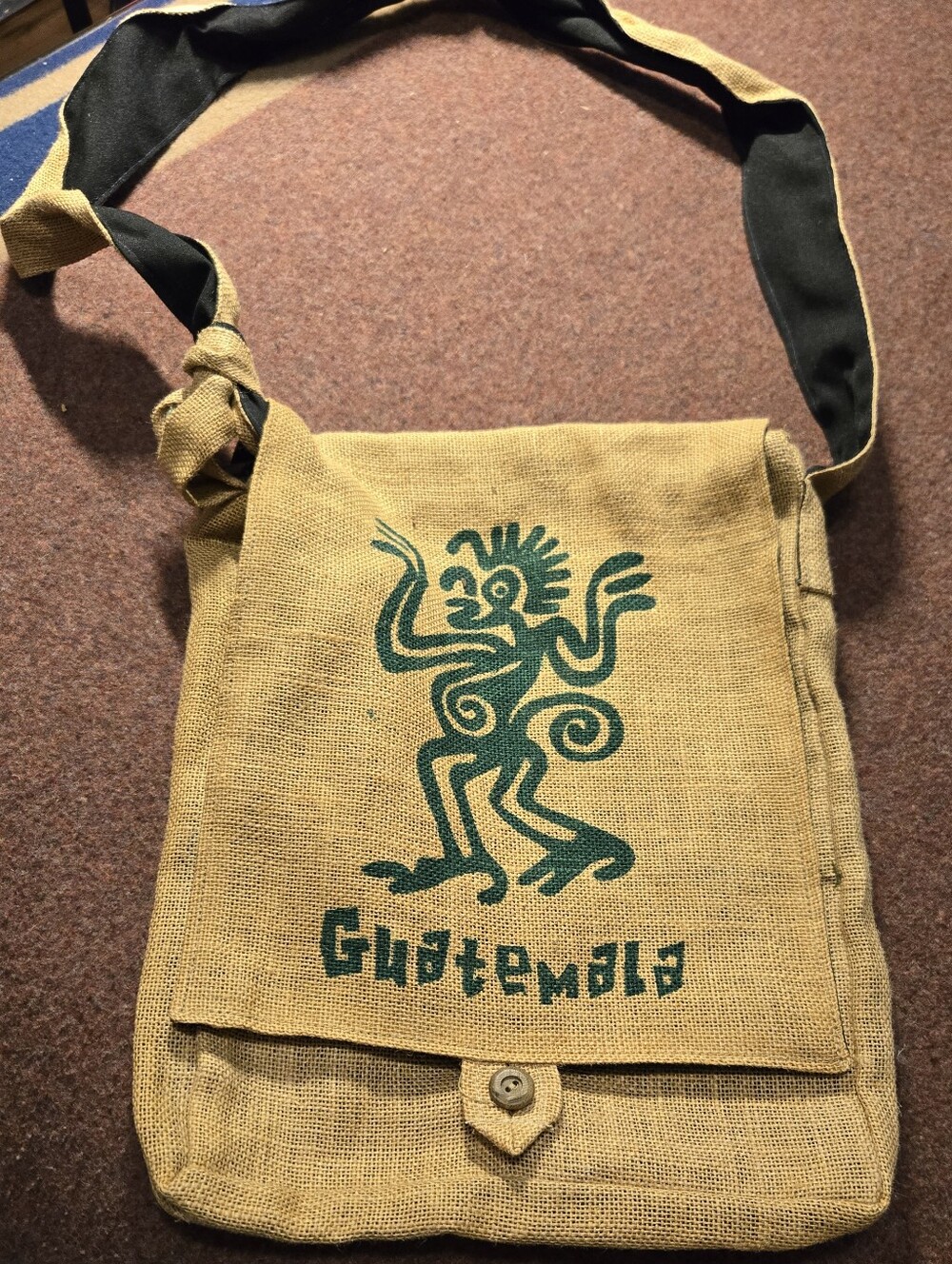 Tan Canvas Messenger Bag with Green Guatemala Print